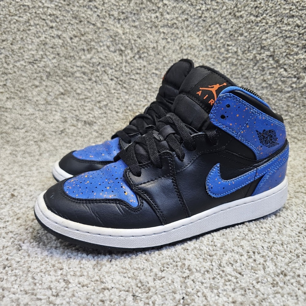 Jordan 1 Mid Youth Kids Size 6.5Y Shoes Black Blue Orange Paint Splatter Sneaker